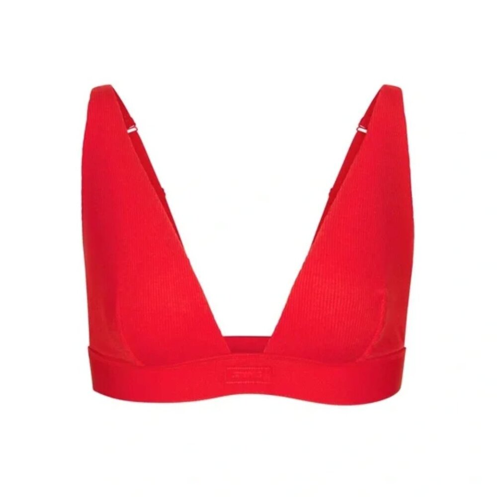 Skims Ruby Cranberry Red Cotton Rib Plunge Bralette Size XS